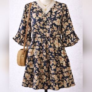 Mittoshop Floral Tiered Boho Dress Bishop Sleeve Cottagecore Small